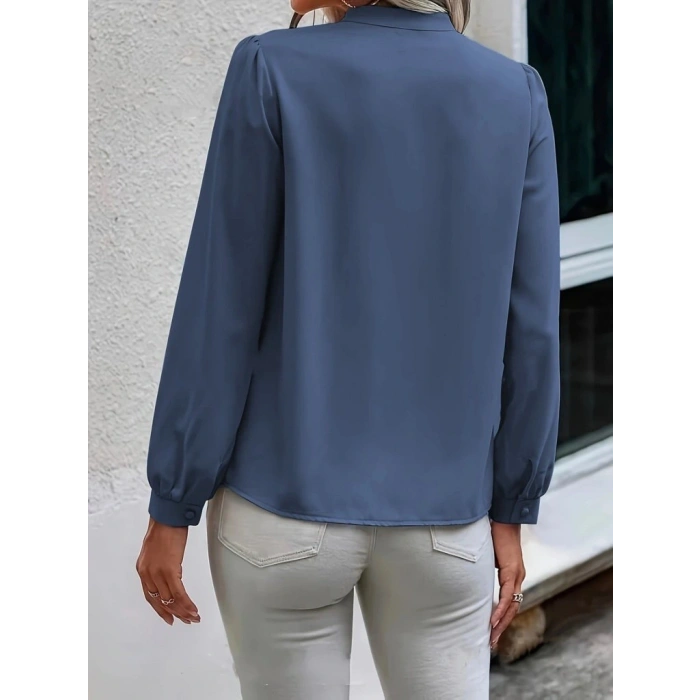 Kadın Uzun Kollu Yakalı Yakadan Bağcıklı Düğmeli Sandy Bluz