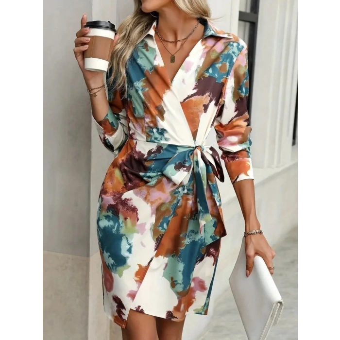 Kadın Uzun Kollu Yakalı Yandan Bağlamalı Mini Desenli Modal Elbise