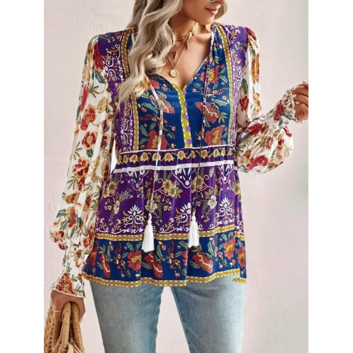 Kadın Uzun Kollu Yakası Açık Bağcıklı çiçek Desenli Salaş Bluz
