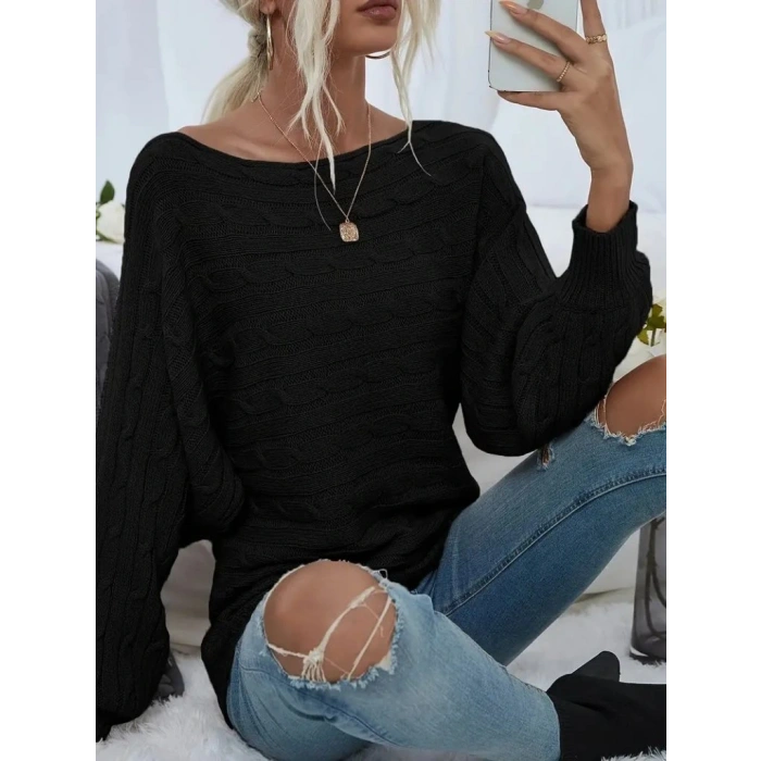 Kadın Uzun Kollu Yakası Açık Saç örgü Desenli Triko Bluz