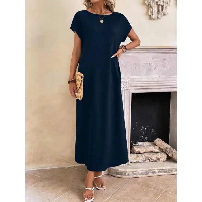 Kadın Uzun Kollu Yakası Açık Viskon Elbise