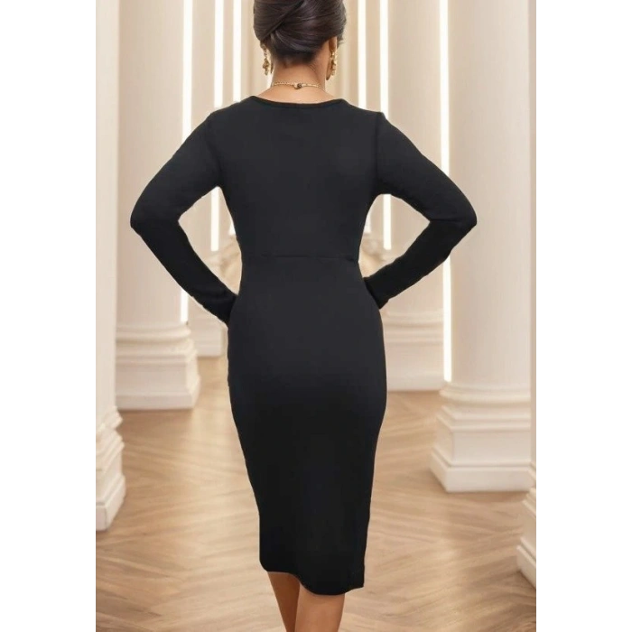 Kadın Uzun Kollu Yandan Büzgülü Yırtmaç Detay Kaşkorse Midi Boy Elbise