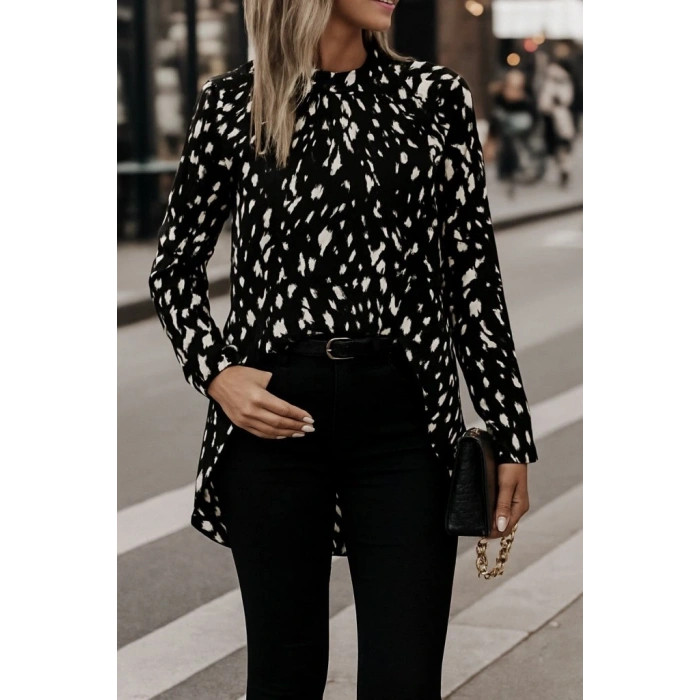 Kadın Uzun Kollu Yarı Balıkçı Yaka Desenli Dokuma Bluz
