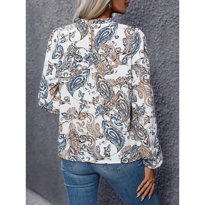 Kadın Uzun Kollu Yarı Balıkçı Yaka Desenli Süprem Bluz