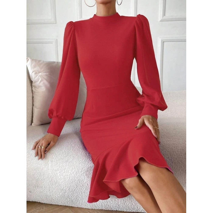 Kadın Uzun Kollu Yarı Balıkçı Yaka Etek Ucu Fırfır Detaylı Midi Ithal Krep Elbise