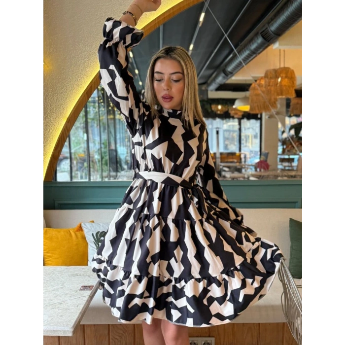 Kadın Uzun Kollu Yarı Balıkçı Yaka Geometrik Desen Kısa şardonlu Dalgıç Elbise