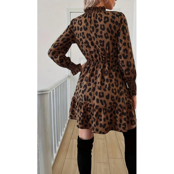 Kadın Uzun Kollu Yarı Balıkçı Yaka Leopar Desenli Modal Mini Elbise