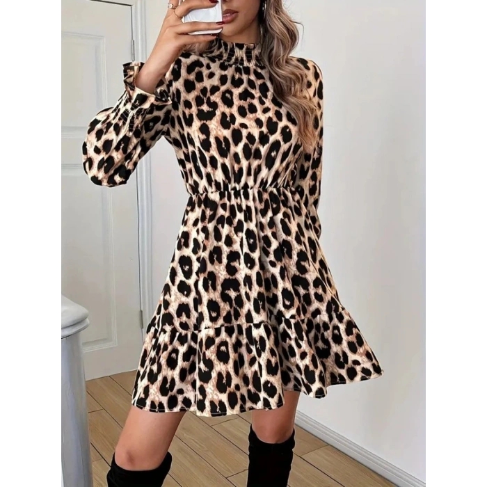 Kadın Uzun Kollu Yarı Balıkçı Yaka Leopar Desenli Modal Mini Elbise