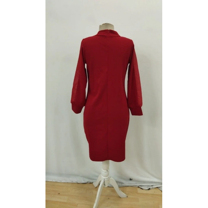 Kadın Uzun Kollu Yarı Balıkçı Yaka Tül Ve Inci Detaylı Kısa Ithal Krep Midi Elbise