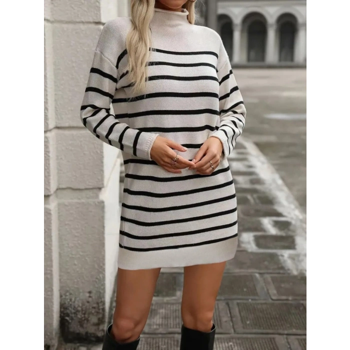 Kadın Uzun Kollu Yarım Balıkçı Yaka çizgilitriko Mini Boy Elbise (kemersiz)