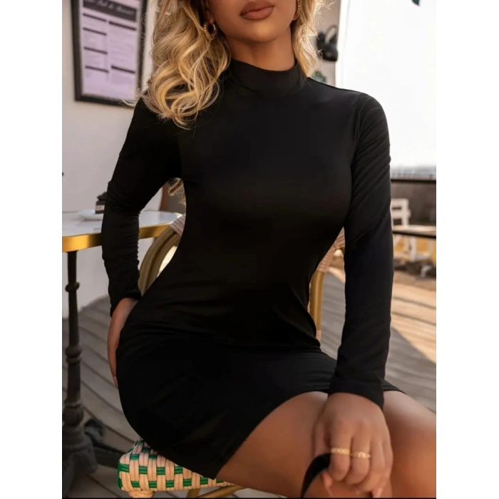 Kadın Uzun Kollu Yarım Balıkçı Yaka Viskon Elbise  5 Lİ