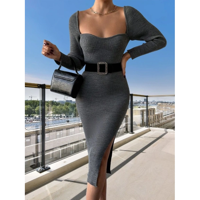 Kadın Uzun Kollu Yırtmaç Detay Triko Elbise