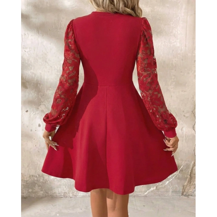 Kadın Uzun Kollu Yuvarlak Damla Detaylı Kolları Tül Detaylı Kısa Ithal Krep Elbise