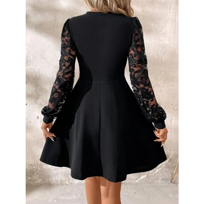 Kadın Uzun Kollu Yuvarlak Damla Detaylı Kolları Tül Detaylı Kısa Ithal Krep Elbise