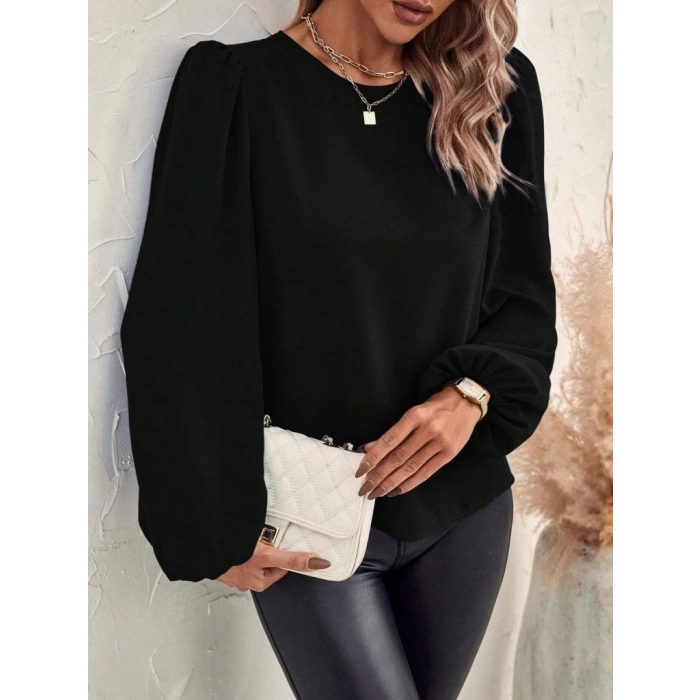 Kadın Uzun Kollu Yuvarlak Yaka Arkadan Bağcıklı Salaş Ithal Krep Bluz