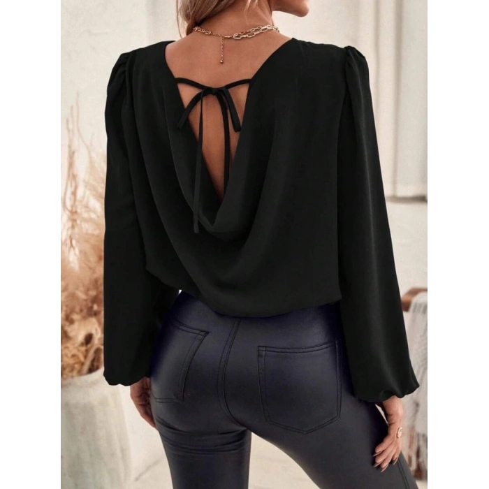 Kadın Uzun Kollu Yuvarlak Yaka Arkadan Bağcıklı Salaş Ithal Krep Bluz