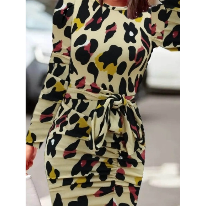 Kadın Uzun Kollu Yuvarlak Yaka Belden Kuşaklı önden Yırtmaçlı örme Krep Elbise