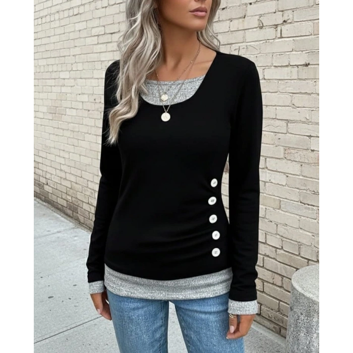 Kadın Uzun Kollu Yuvarlak Yaka Blok Renkli Yandan Düğmeli Viskon Bluz