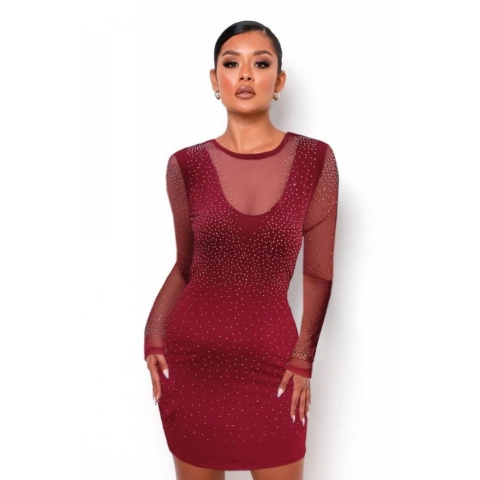 Kadın Uzun Kollu Yuvarlak Yaka Dekolteli Taşlı Dalgıç Elbise