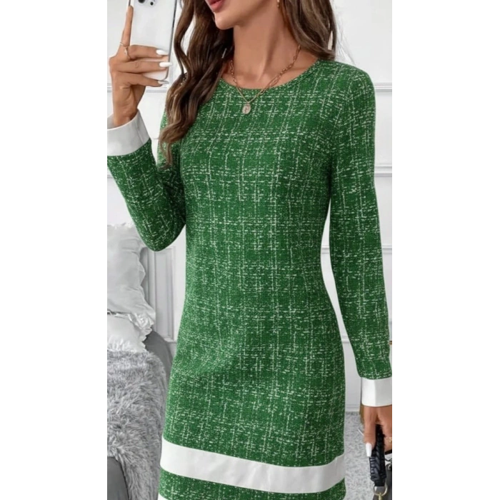 Kadın Uzun Kollu Yuvarlak Yaka Etek Ucu şerit Detaylı Mini Dokuma Elbise