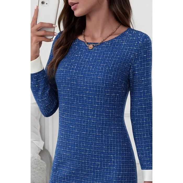 Kadın Uzun Kollu Yuvarlak Yaka Etek Ucu şerit Detaylı Mini Dokuma Elbise