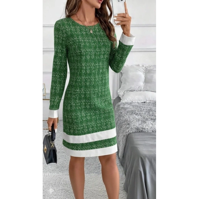 Kadın Uzun Kollu Yuvarlak Yaka Etek Ucu şerit Detaylı Mini Dokuma Elbise