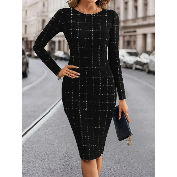 Kadın Uzun Kollu Yuvarlak Yaka Mini Dokuma Elbise