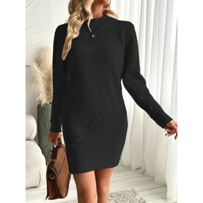 Kadın Uzun Kollu Yuvarlak Yaka Mini Triko Elbise