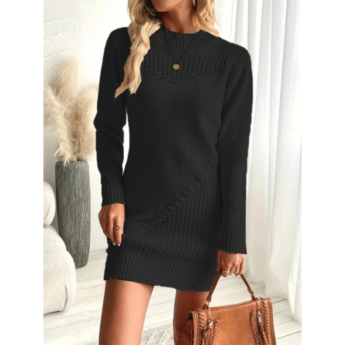 Kadın Uzun Kollu Yuvarlak Yaka Mini Triko Elbise