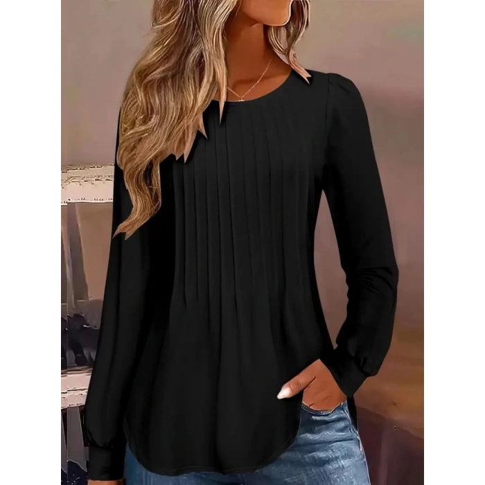 Kadın Uzun Kollu Yuvarlak Yaka Nervürlü Bluz