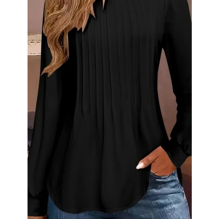 Kadın Uzun Kollu Yuvarlak Yaka Nervürlü Bluz