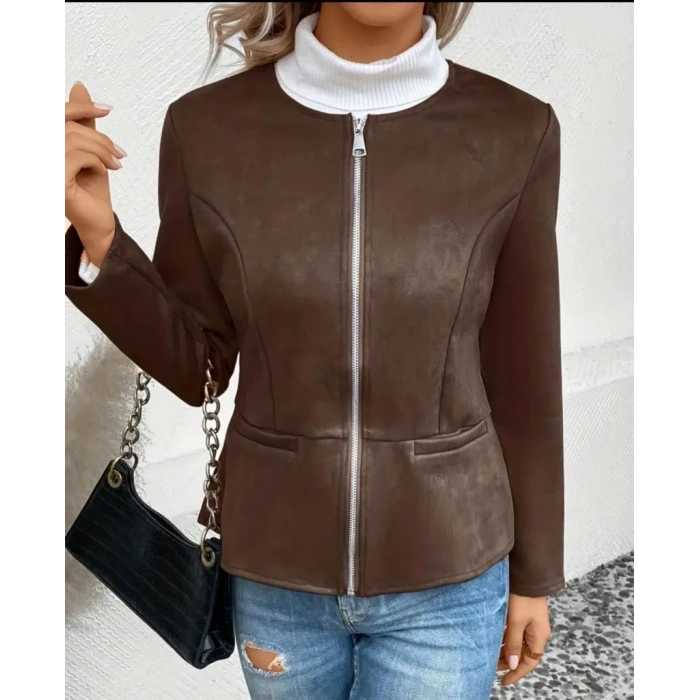 Kadın Uzun Kollu Yuvarlak Yaka önden Fermuarlı Süet Ceket