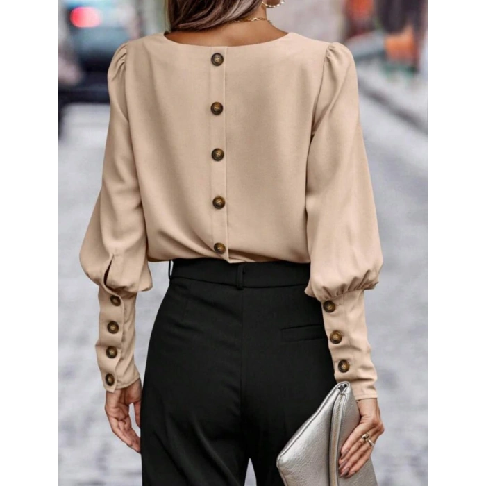 Kadın Uzun Kollu Yuvarlak Yakalı Düğmeli Ithal Krep Bluz
