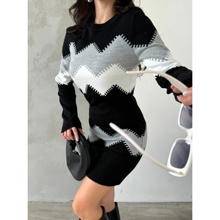 Kadın Uzun Kollu Zigzag Desen Triko Elbise