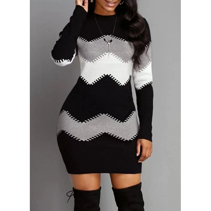 Kadın Uzun Kollu Zigzag Desen Triko Elbise