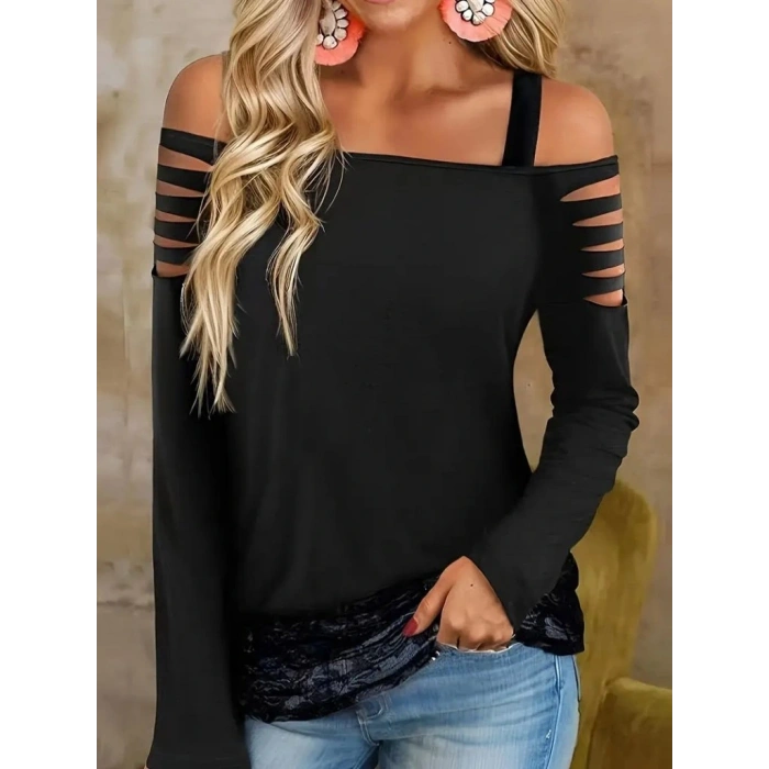 Kadın Uzun Lazer Kesik Detaylı Askılı Viskon Iki Iplik Bluz