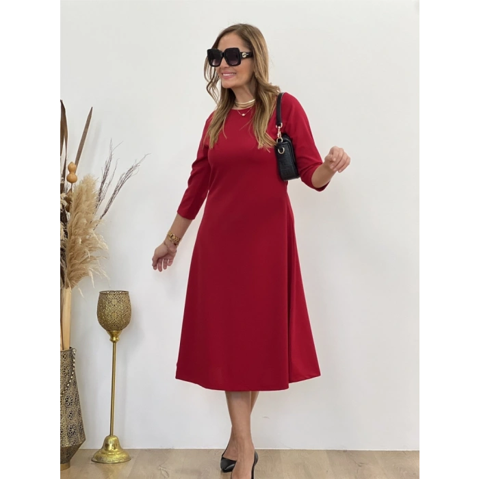 Kadın Uzun Truvakar Kol Bisiklet Yaka Midi Modal Elbise