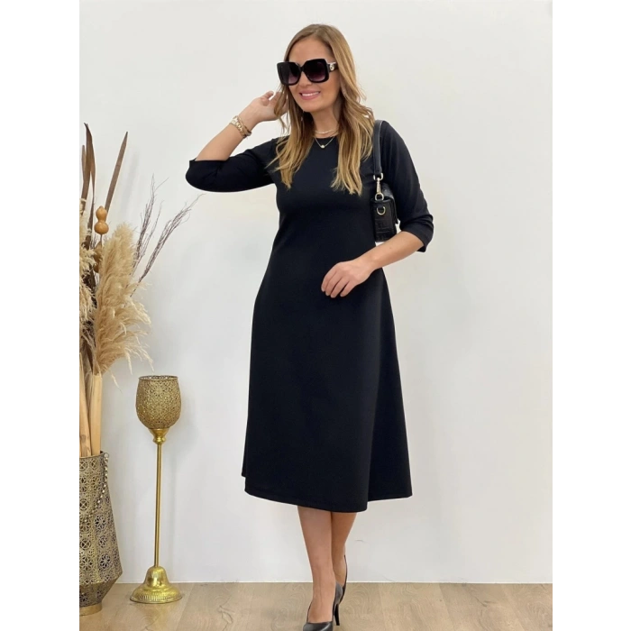 Kadın Uzun Truvakar Kol Bisiklet Yaka Midi Modal Elbise