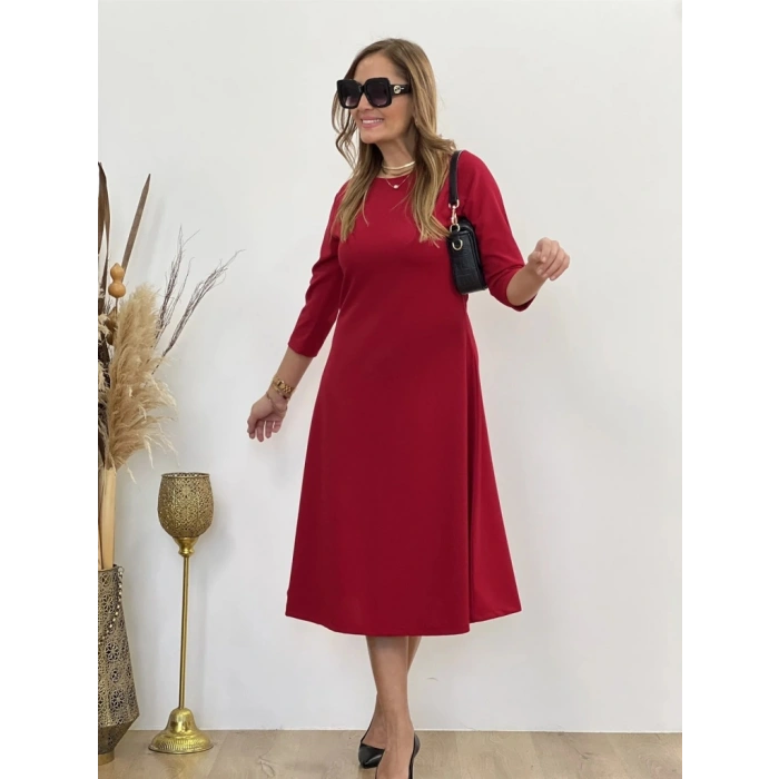 Kadın Uzun Truvakar Kol Bisiklet Yaka Midi Modal Elbise