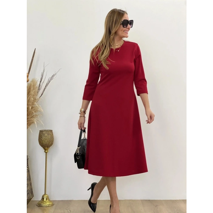 Kadın Uzun Truvakar Kol Bisiklet Yaka Midi Modal Elbise