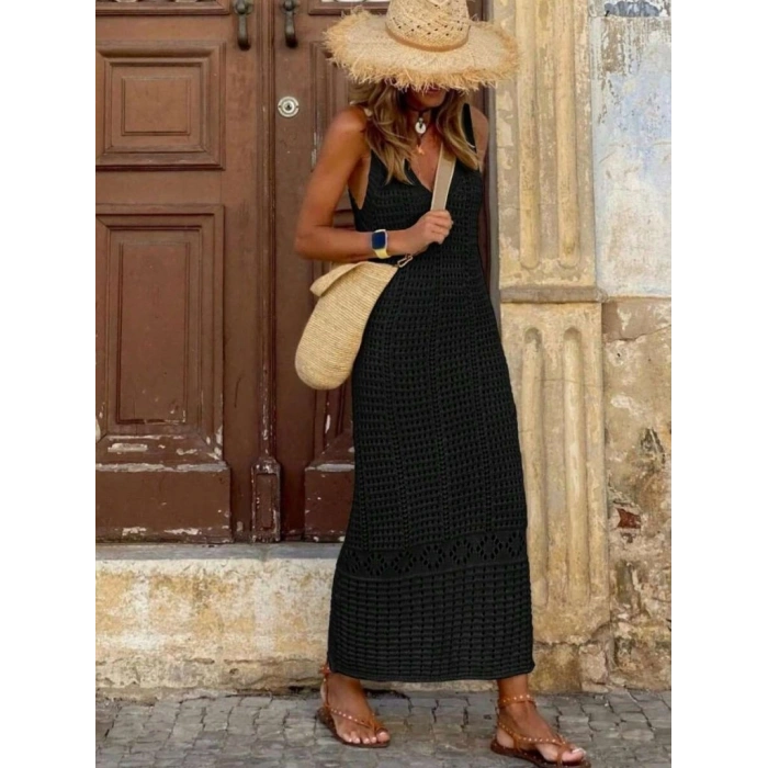 Kadın V Yaka Tam Askılı Tam Boy Ajurlu Triko Elbise