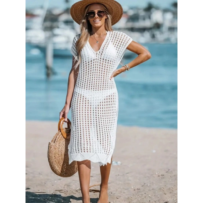 Kadın V Yaka Yanı Derin Yırtmaçlı Mi Boy Triko Elbise