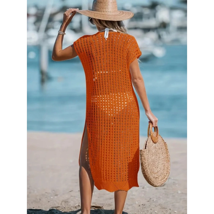 Kadın V Yaka Yanı Derin Yırtmaçlı Mi Boy Triko Elbise