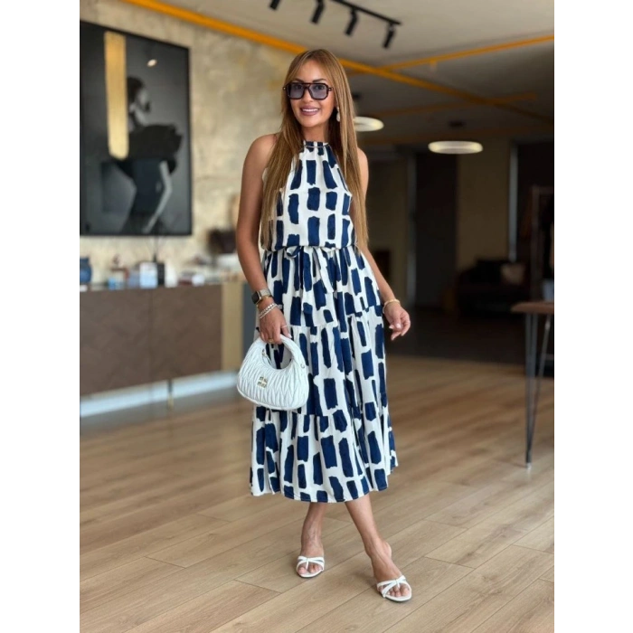 Kadın Viskon Kumaş Ip Askılı Halter Yaka Cepli idi Boy Elbise