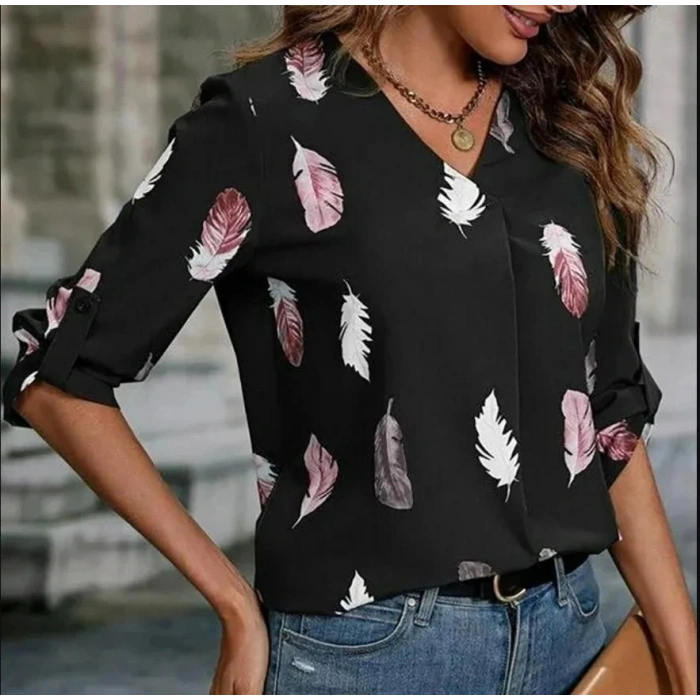 Kadın Yaprak Baskı Ayarlanabilir Fakir Kol Süper Soft Bluz
