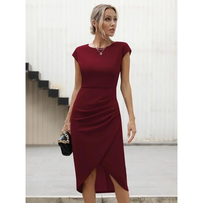 Kadın Yarım Ay Kollu Bisiklet Yaka Yandan Drapeli Ithal Krep Elbise