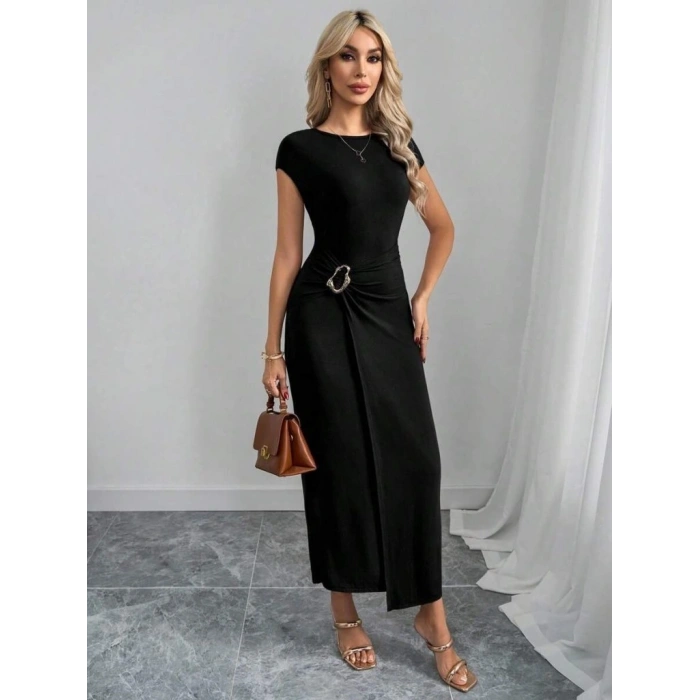 Kadın Yarım Ay Kollu Yuvarlak Yaka önünde Toka Detaylı odal axi Elbise