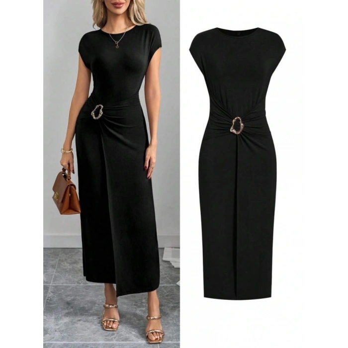 Kadın Yarım Ay Kollu Yuvarlak Yaka önünde Toka Detaylı odal axi Elbise