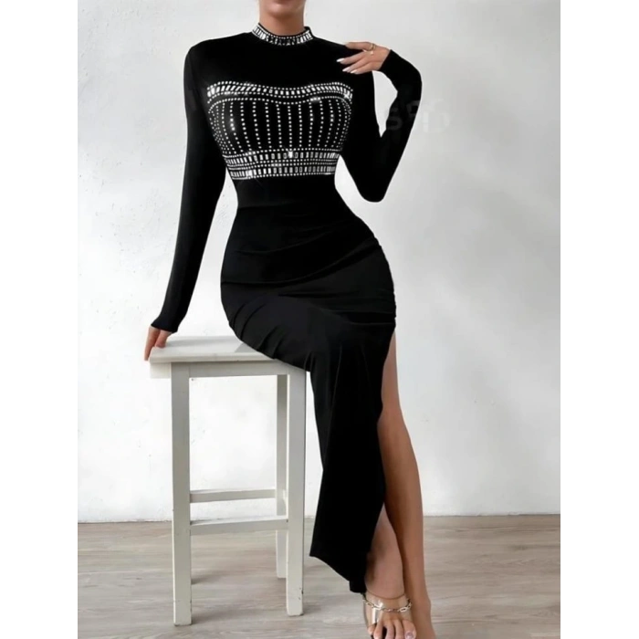 Kadın Yarım Balıkçı Yaka Taş Işemeli Bacak Dekolteli axi Boy Elbise