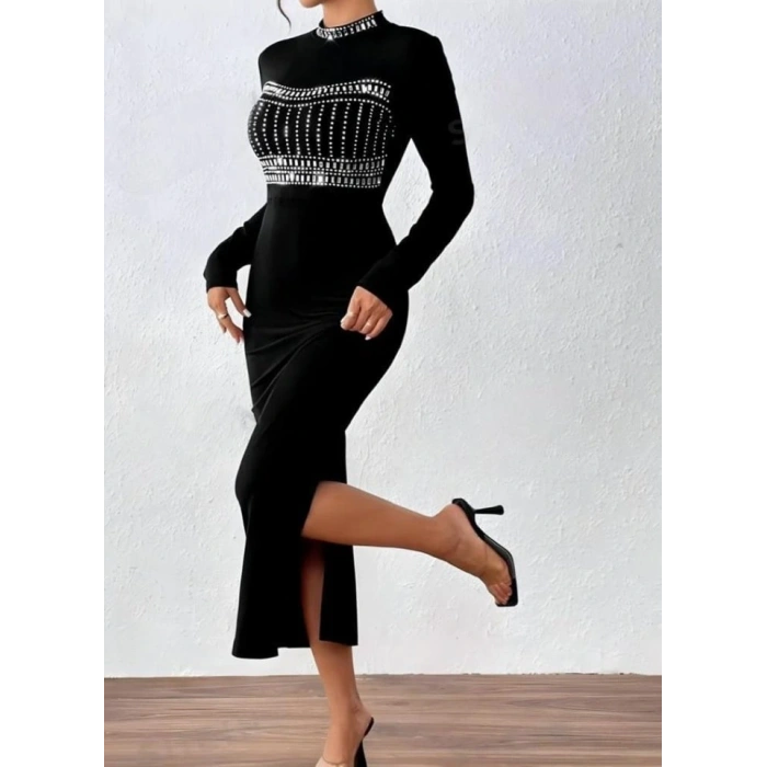 Kadın Yarım Balıkçı Yaka Taş Işemeli Bacak Dekolteli axi Boy Elbise